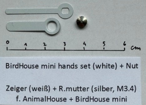 Hands set white: hour+minute w. knurled nut for BirdHouse mini and AnimalHouse