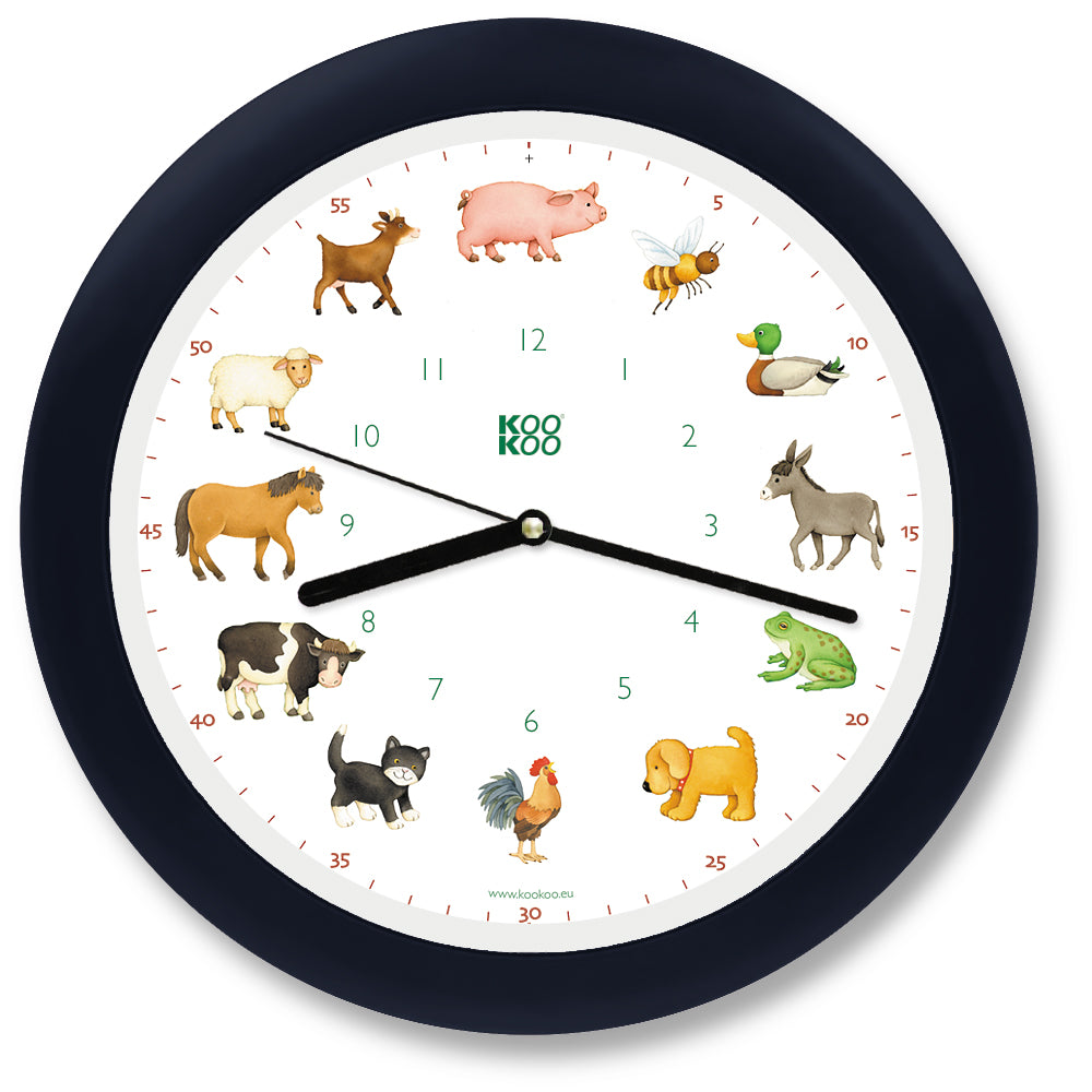 KOOKOO KidsWorld clocks for kids, with 12 farm animal voices (original field recordings)