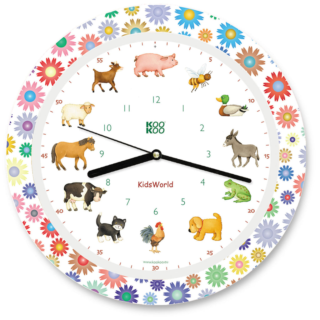 KOOKOO KidsWorld clocks for kids, with 12 farm animal voices (original field recordings)