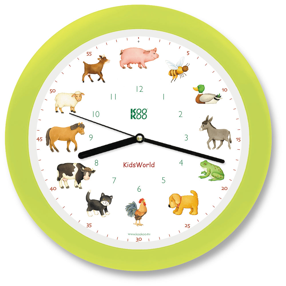 KOOKOO KidsWorld clocks for kids, with 12 farm animal voices (original field recordings)